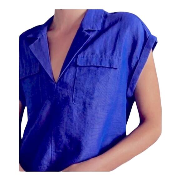 Anthropologie Linen Blend Crop Utility Pocket Split V Neck Collared Top Size L - Picture 8 of 10